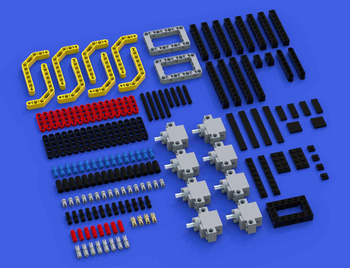 図11-7-2-1.LEGO四脚ロボット（8サーボ型）の組み立てに必要なLEGOブロックとサーボモーター